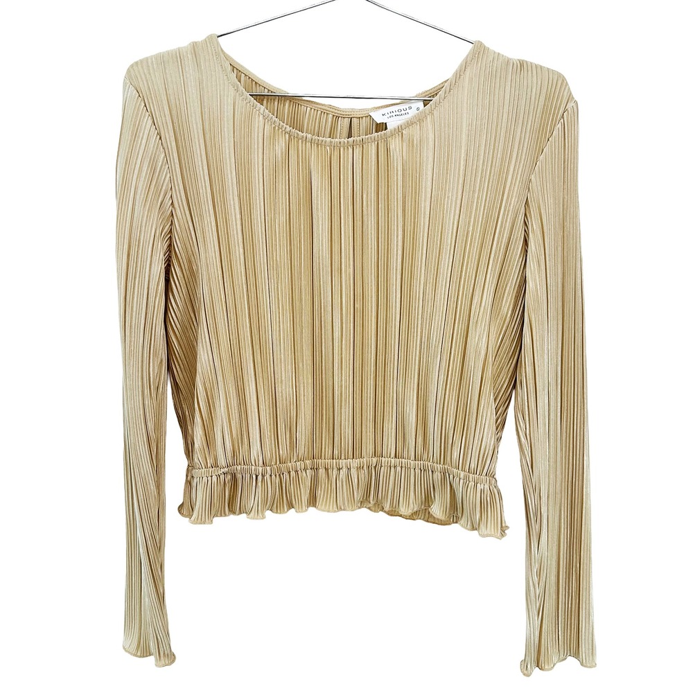 KIRIOUS Glam Pleated Long Sleeve Crop Keyhole Blouse‎ • Small • satin beige, tan